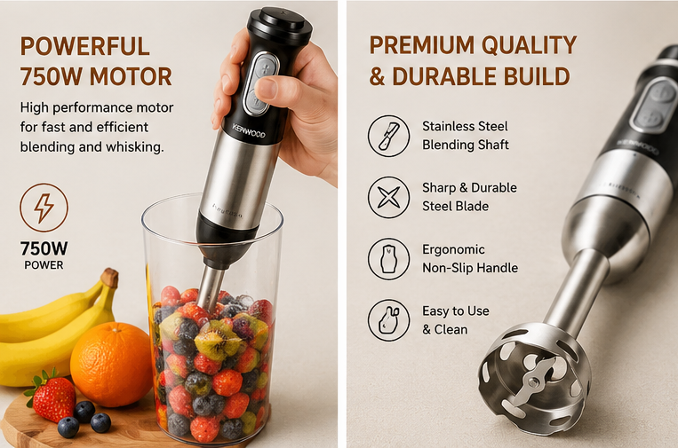Kenwood KW-305 2-in-1 Hand Blender | 750W Powerful Stick Blender with Egg Beater | Stainless Steel Shaft | Multi-Speed Control