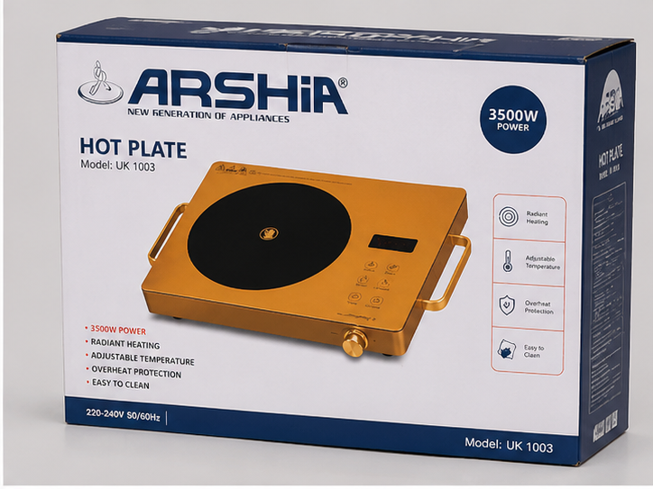 Arshia 3500W Infrared Hot Plate – UK 1003 Electric Cooker | Radiant Heating | Adjustable Temperature | Portable Single Burner Stove
