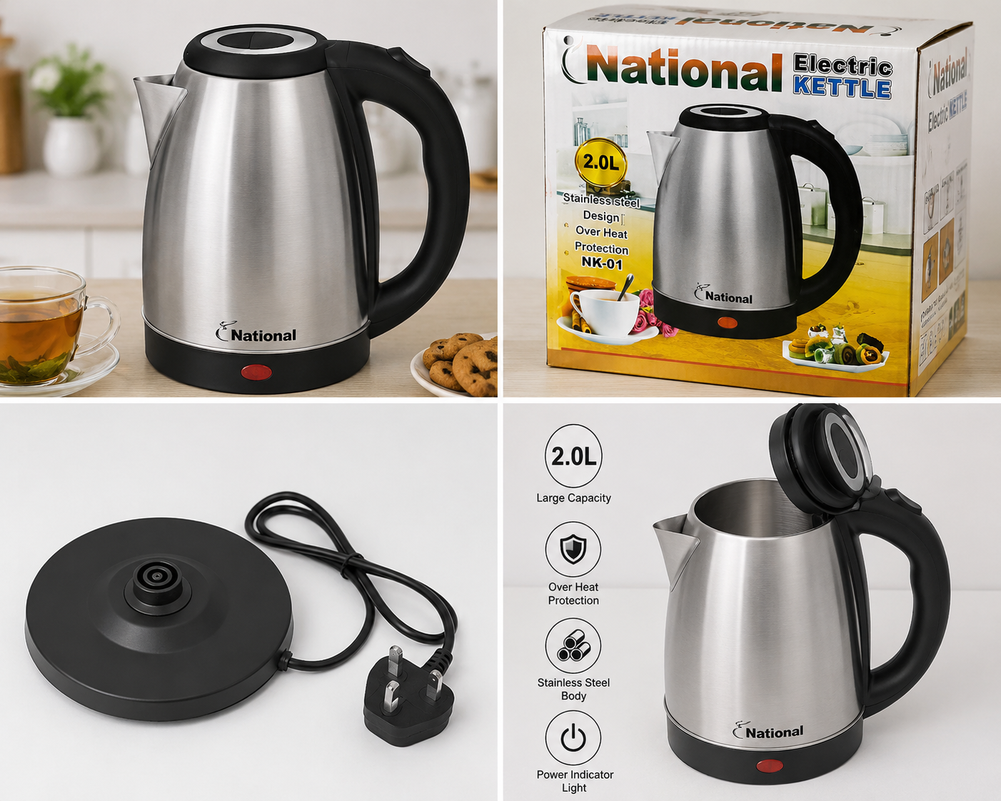 National Electric Kettle 2.0L Stainless Steel – Fast Boiling Electric Tea Kettle with Auto Shut-Off & Overheat Protection (NK-01)