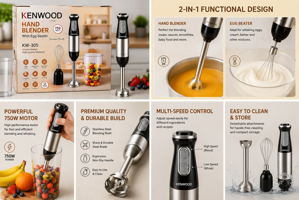 Kenwood KW-305 2-in-1 Hand Blender | 750W Powerful Stick Blender with Egg Beater | Stainless Steel Shaft | Multi-Speed Control
