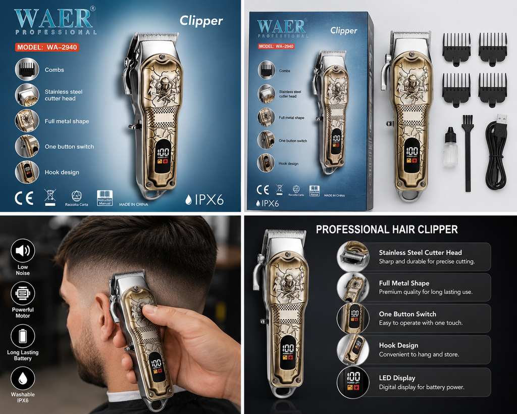 WAER Professional Hair Clipper WA-2940 | Cordless Rechargeable Trimmer | Stainless Steel Blade | LED Display | IPX6 Waterproof