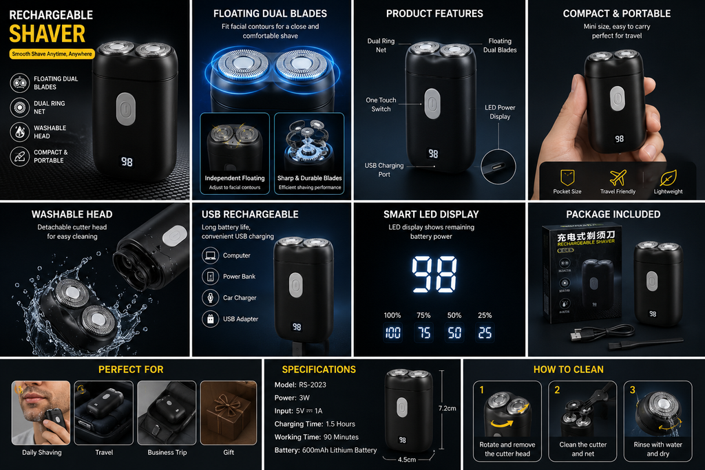 Mini USB Rechargeable Electric Shaver for Men – Portable Dual Floating Blade Razor with LED Display