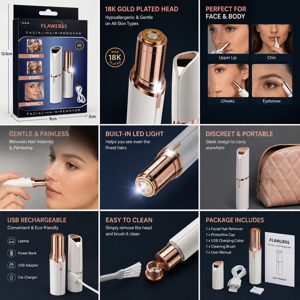 18K Gold-Plated Rechargeable Facial Hair Remover for Women | Painless USB Electric Face Trimmer with LED Light