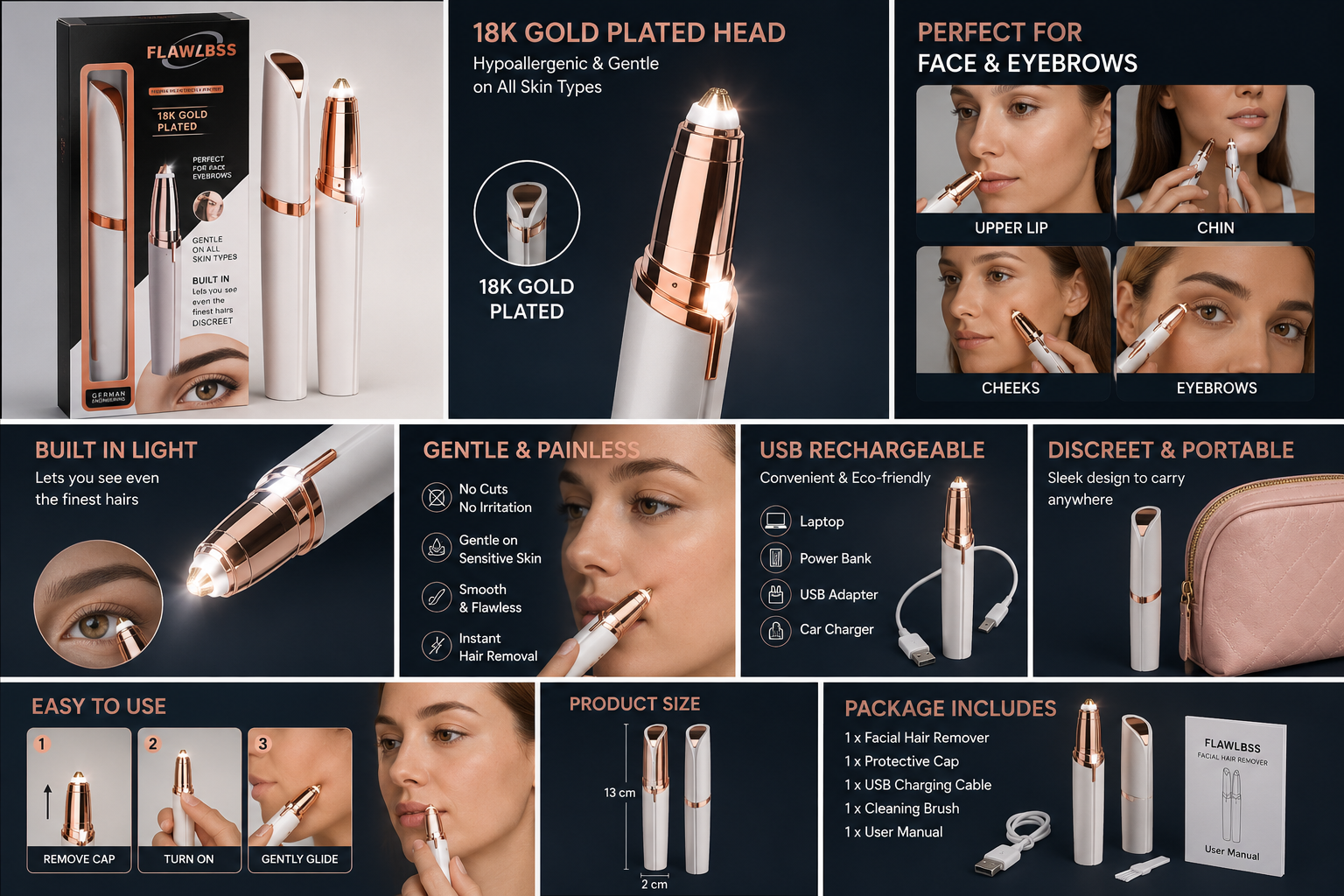 Built-in LED Light Eyebrow & Facial Hair Remover – USB Rechargeable | Precision Trimmer for Women