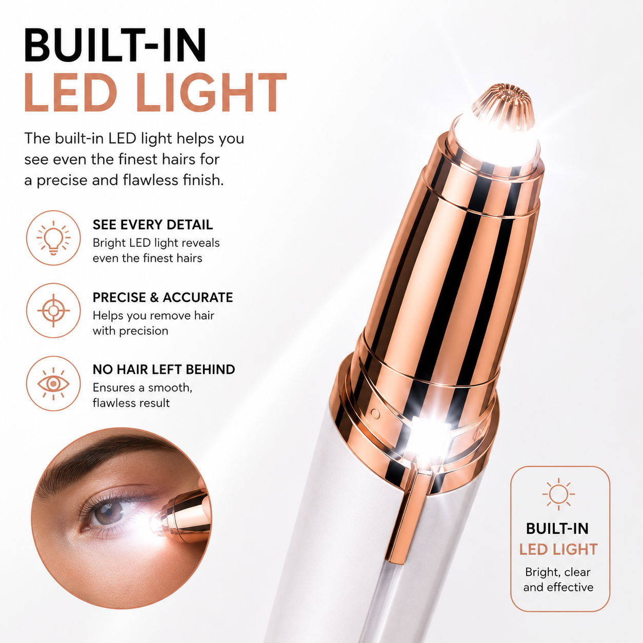 Built-in LED Light Eyebrow & Facial Hair Remover – USB Rechargeable | Precision Trimmer for Women