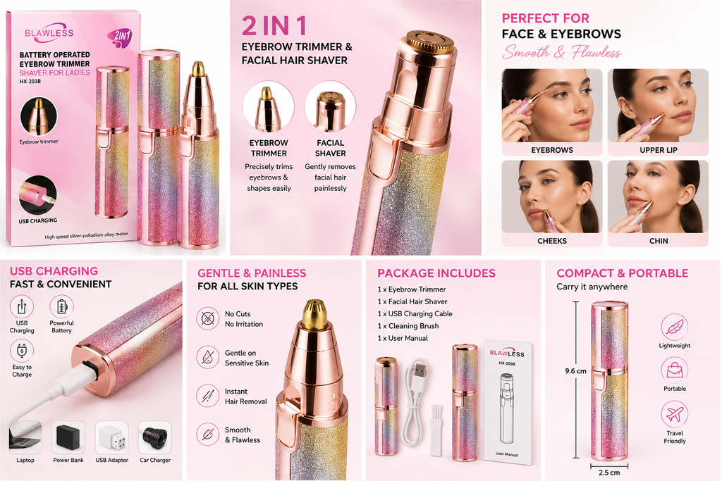2-in-1 Rechargeable Eyebrow Trimmer & Facial Hair Remover for Women | Painless Electric Face Shaver | USB Charging