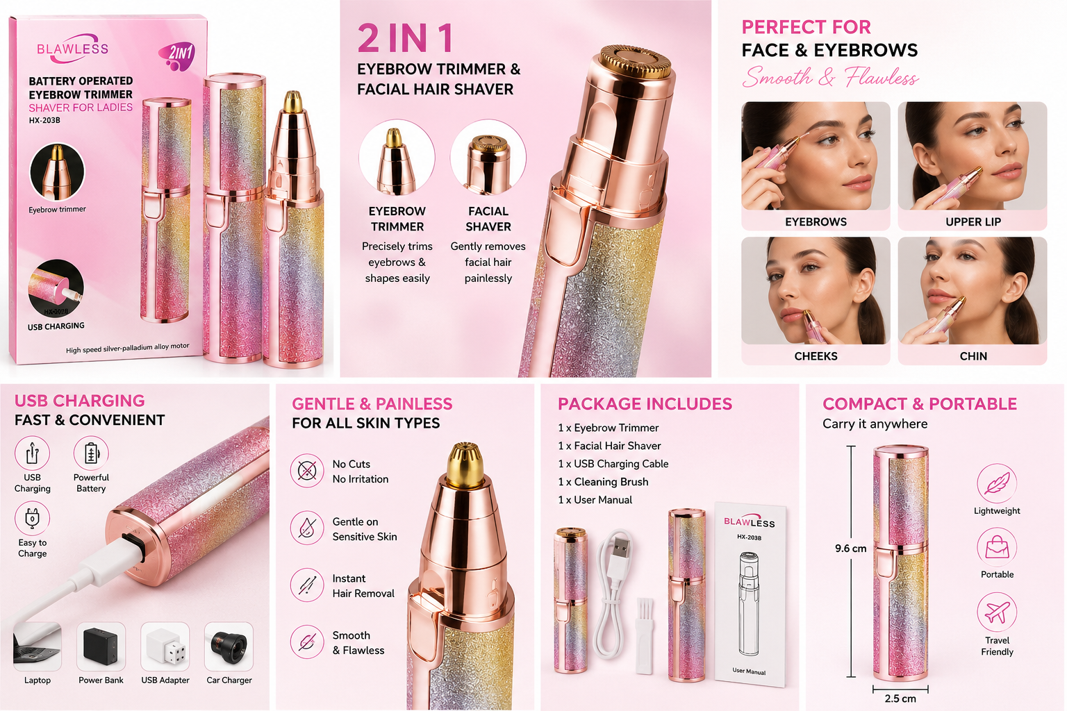 2-in-1 Rechargeable Eyebrow Trimmer & Facial Hair Remover for Women | Painless Electric Face Shaver | USB Charging