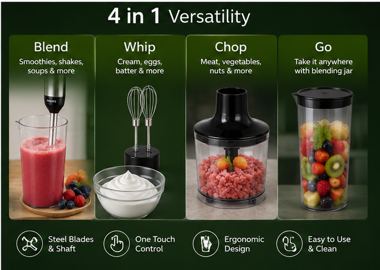 Philips 4-in-1 Hand Blender HL-224 | 750W Powerful Motor | Blender, Chopper, Double Whisk & Blending Jar