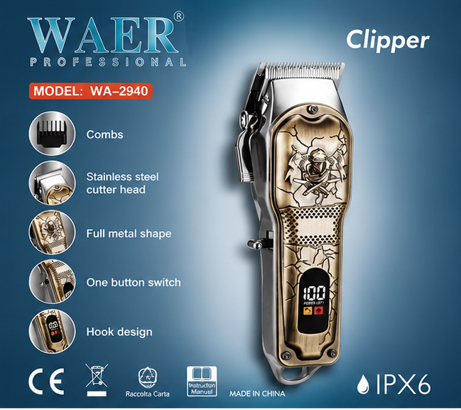 WAER Professional Hair Clipper WA-2940 | Cordless Rechargeable Trimmer | Stainless Steel Blade | LED Display | IPX6 Waterproof