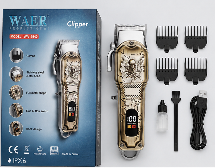 WAER Professional Hair Clipper WA-2940 | Cordless Rechargeable Trimmer | Stainless Steel Blade | LED Display | IPX6 Waterproof