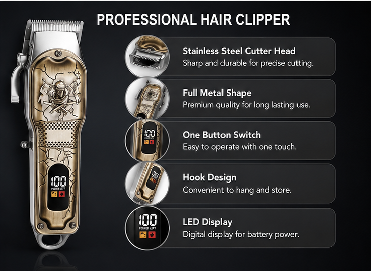 WAER Professional Hair Clipper WA-2940 | Cordless Rechargeable Trimmer | Stainless Steel Blade | LED Display | IPX6 Waterproof