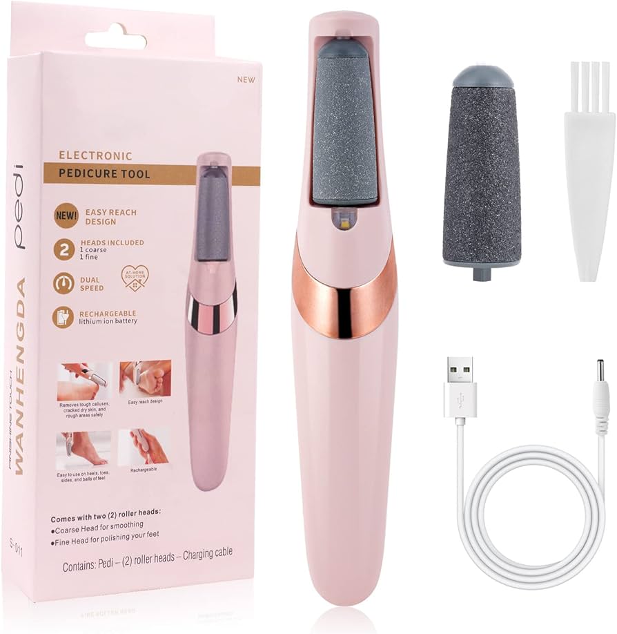 WANHENGDA Rechargeable Electronic Pedicure Tool | Electric Foot Callus Remover | Dual Speed | 2 Roller Heads | Foot Care Device